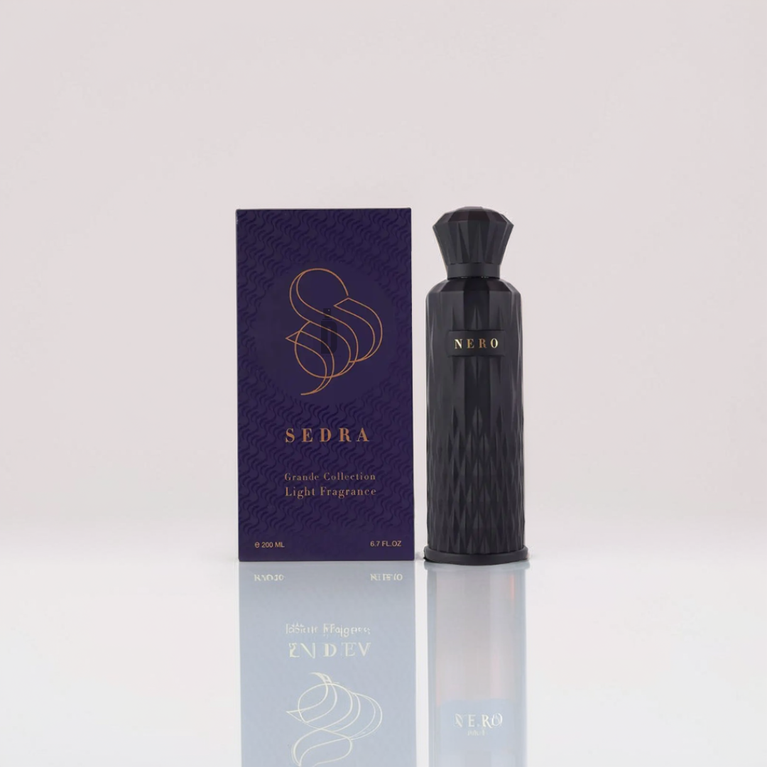 A black Nero 200ml EDP by Sedra sits beside a dark purple box adorned with gold "Sedra" text. The design, hinting at its spicy fragrance, showcases elegant patterns and reflections on a white surface.