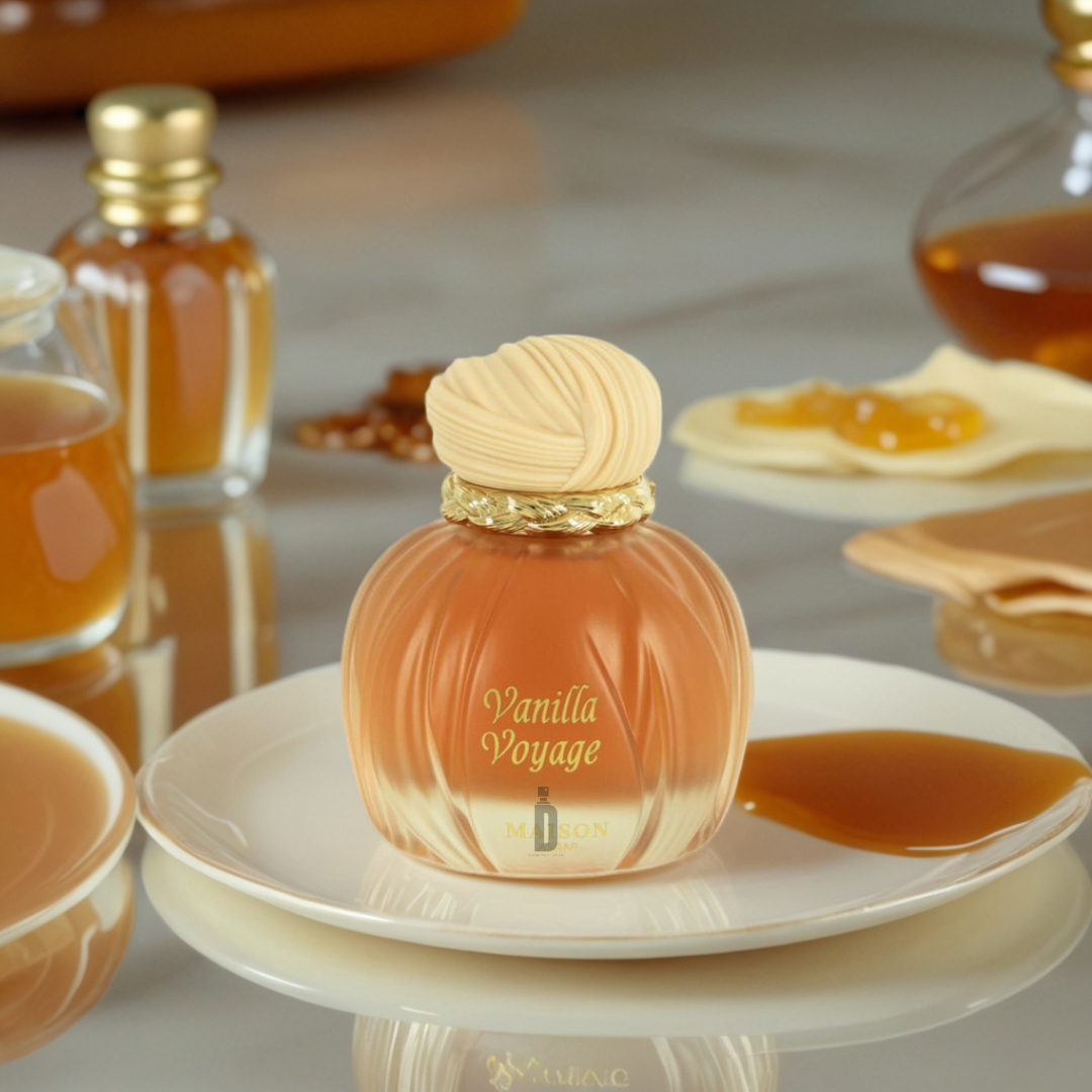 The Vanilla Voyage 100ml EDP by Maison Asrar for Gulf Orchid, adorned with a gold cap and carved detailing, sits amid honey jars, plates, and beige napkins on a glossy surface. With its amber vanilla musk fragrance, it envelops the senses in luxury.