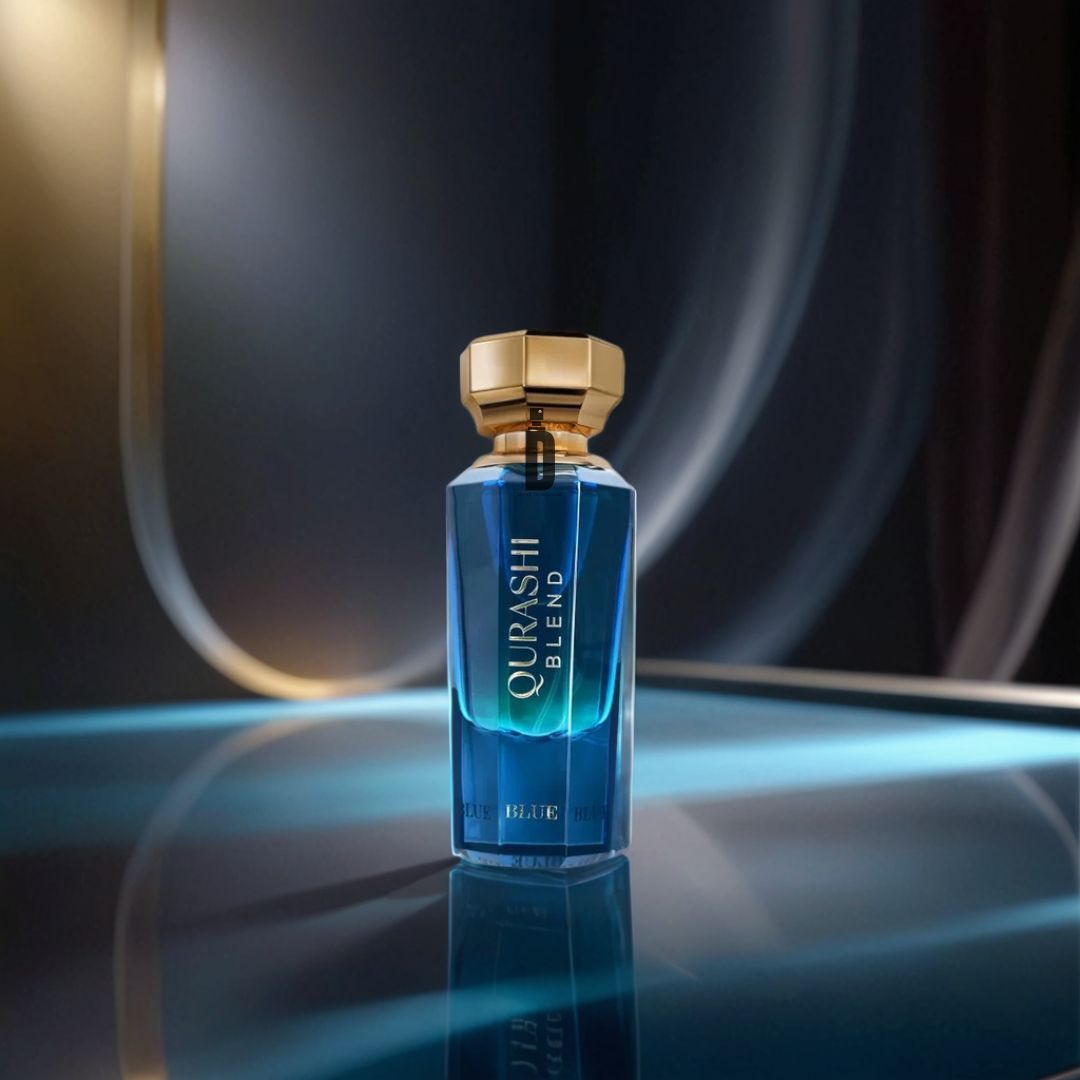 The Al Qurashi Blend Blue 90ml EDP by Abdul Samad Al Qurashi, in a blue glass bottle with a gold cap, stands on a reflective surface against a dark background, evoking its luxurious oud notes.