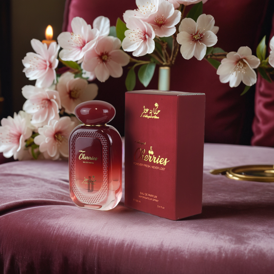 A red bottle of "Cherries 100ml EDP - Hekayat Attar" with its matching box rests on a velvet surface. Elegant cherry blossoms add floral depth while a lit candle creates a refined fragrance ambiance.