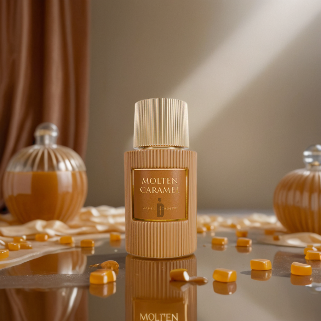 A reflective surface holds a bottle of Molten Caramel 100ml EDP by Paris Corner, framed by caramel candies. Draped fabric and caramel-hued decorative bottles in the background add warmth and elegance.