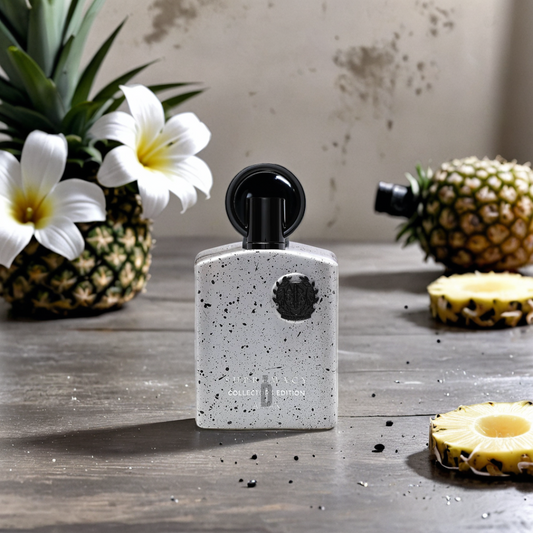 A white speckled Supremacy Collector's Edition 100ml EDP bottle by Afnan rests on wood, surrounded by pineapples and white tropical flowers, creating a luxurious fragrance scene with a rustic, textured backdrop.