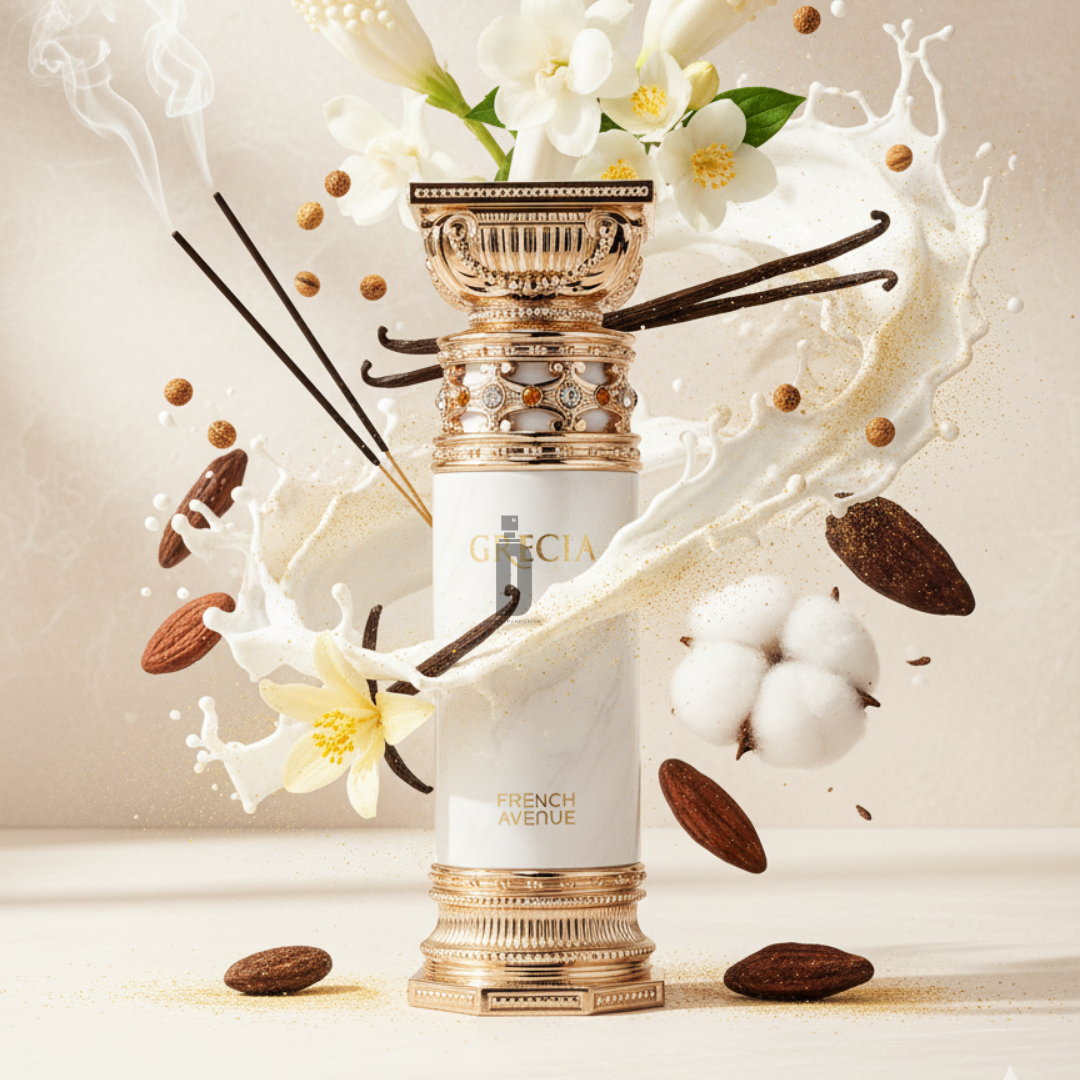 Grecia 100ml EDP by Fragrance World stands upright, surrounded by cream, vanilla beans, almonds, cotton, jasmine flowers, and incense smoke—evoking elegance with creamy tuberose and jasmine perfume notes.