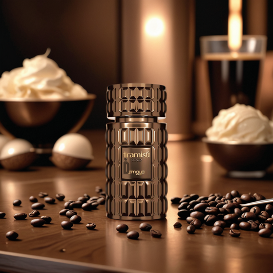 A bottle of Tiramisu Coco 100ml EDP by Afnan sits on a wooden table with coffee beans and creamy desserts, its warm lighting capturing the decadent tiramisu perfume atmosphere.