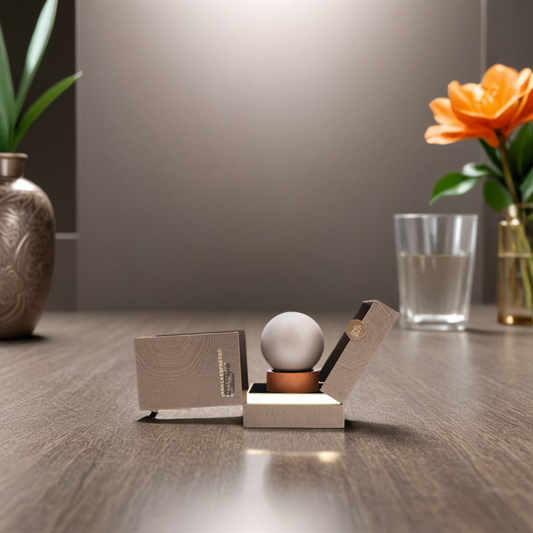 A Vanilla Espresso 100ml EDP by Aurora Scents rests in a small open box on a wooden table. Nearby, a glass of water, an orange flower in a vase, and a potted plant evoke its creamy sweetness in this softly lit modern space.