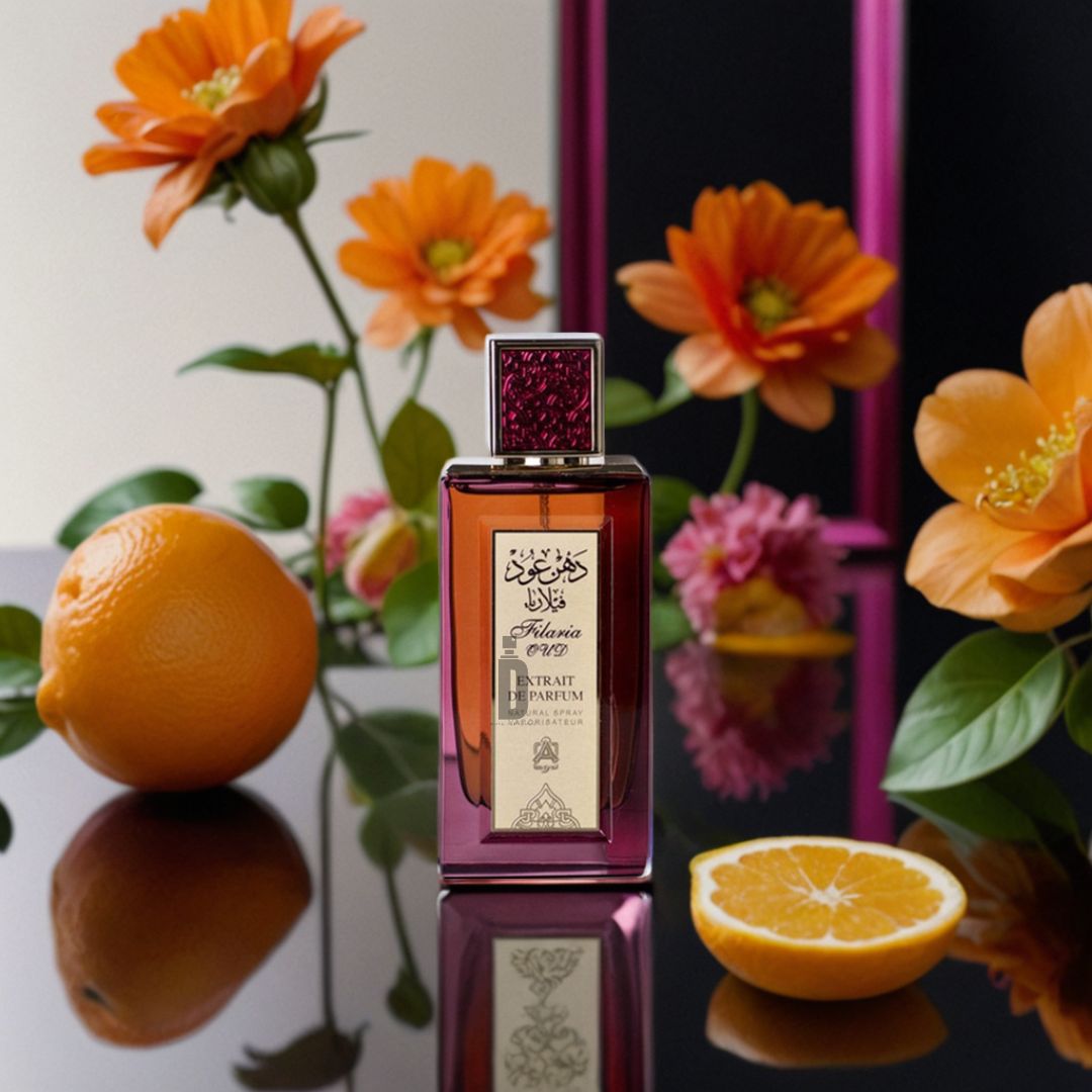 The Filaria Oud 80ml Extrait by Abdul Samad Al Qurashi, with a decorative label, stands on a glossy surface surrounded by orange flowers and fresh oranges, including a halved orange, with more flowers and a pink-framed mirror in the background.