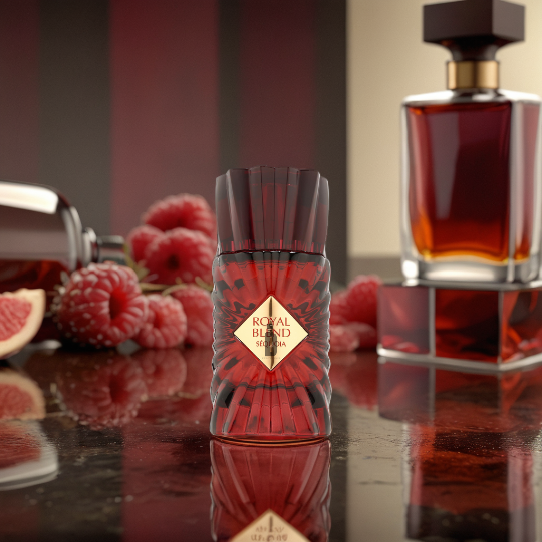 A glossy red Royal Blend Sequoia 100ml EDP bottle by Fragrance World sits among fresh raspberries, with another perfume bottle behind it, creating an atmosphere of elegance and luxury.