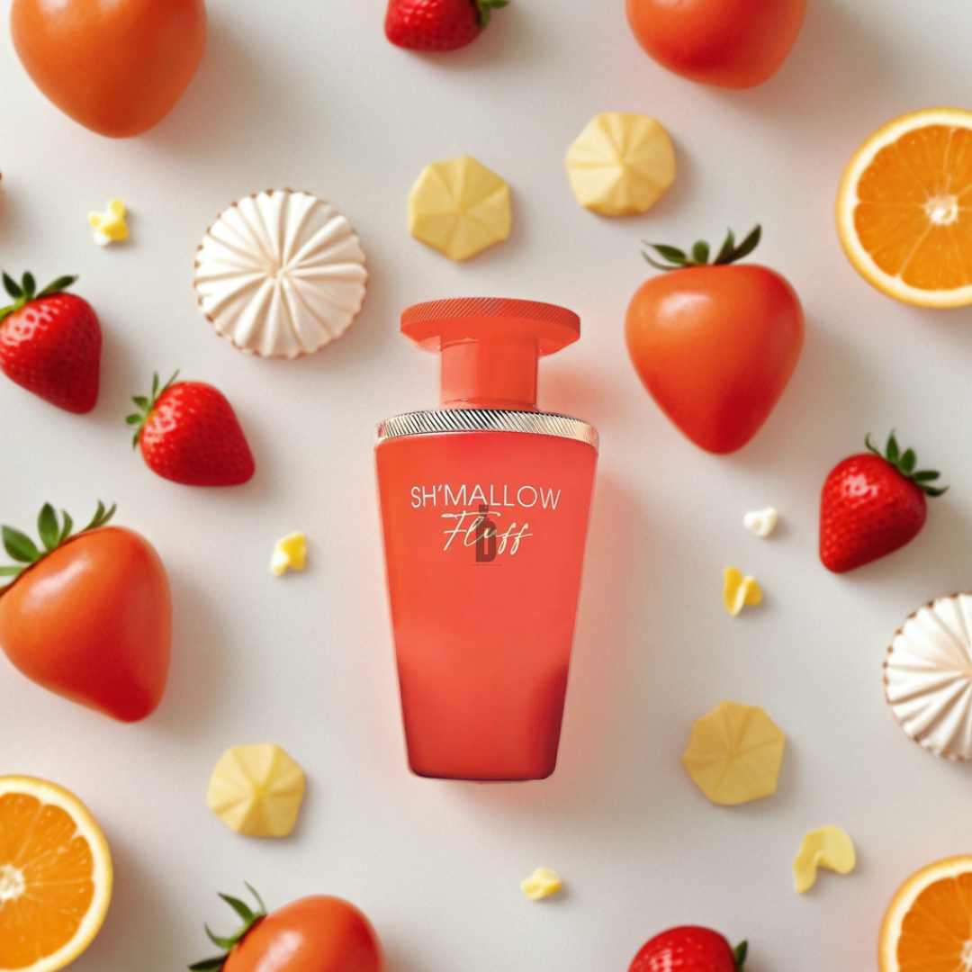 The Sh'mallow Fluff 100ml by Fragrance World is a red perfume bottle surrounded by strawberries, tomatoes, oranges, meringues, and candies—suggesting a sweet scent ideal for marshmallow perfume lovers.