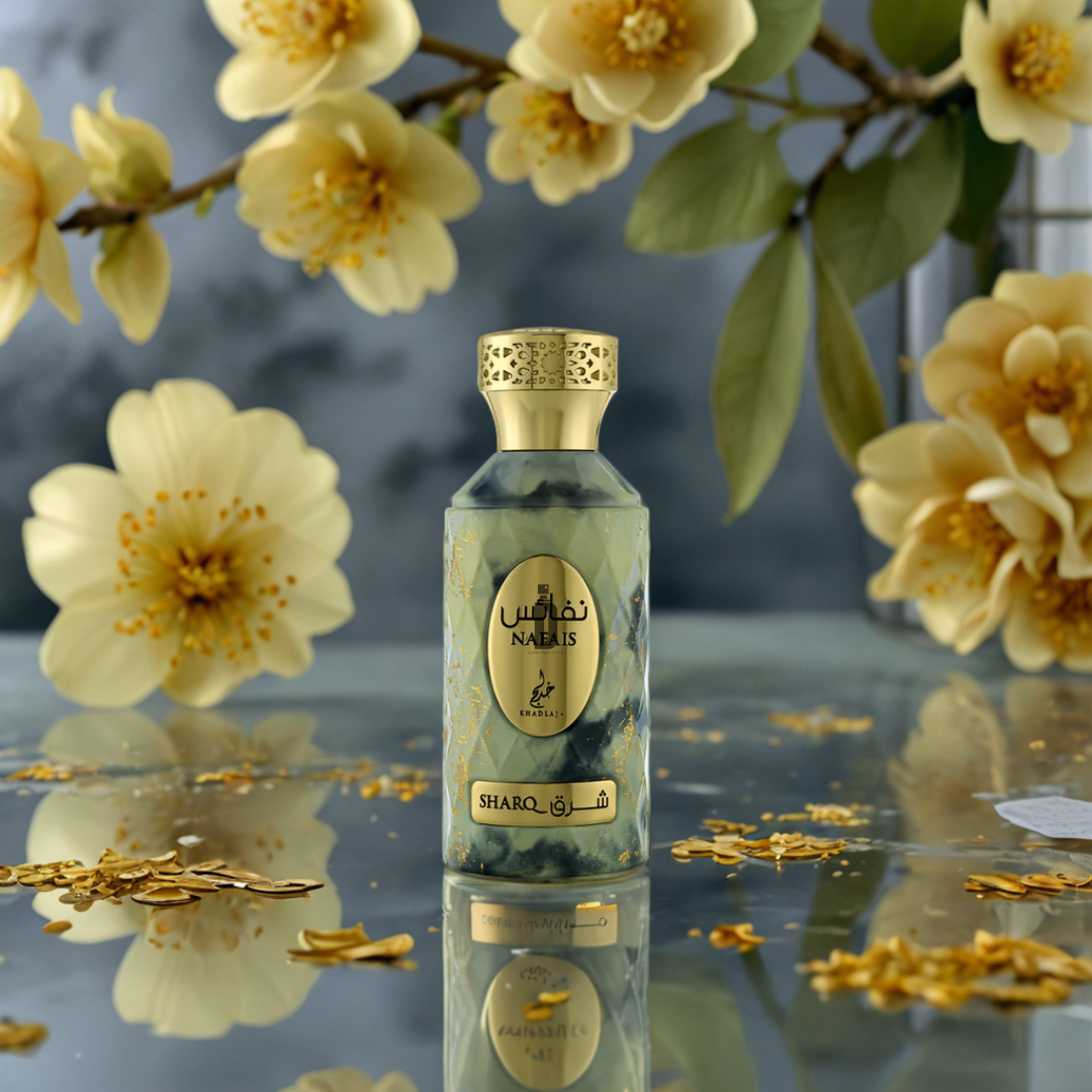 The Nafais Sharq 100ml EDP by Khadlaj, with gold accents and Arabic script, stands on a reflective surface amid yellow flowers and gold petals, capturing the allure of this elegant fragrance against a soft floral backdrop.
