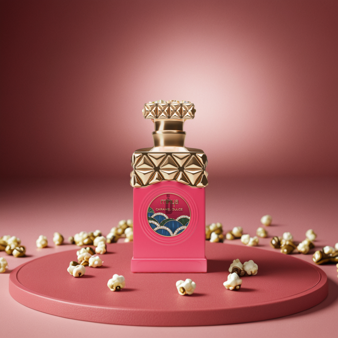 A pink and gold ornate bottle of Minya dulce 100ml EDP by Paris Corner sits on a round platform, surrounded by scattered popcorn pieces, against a soft pink background.