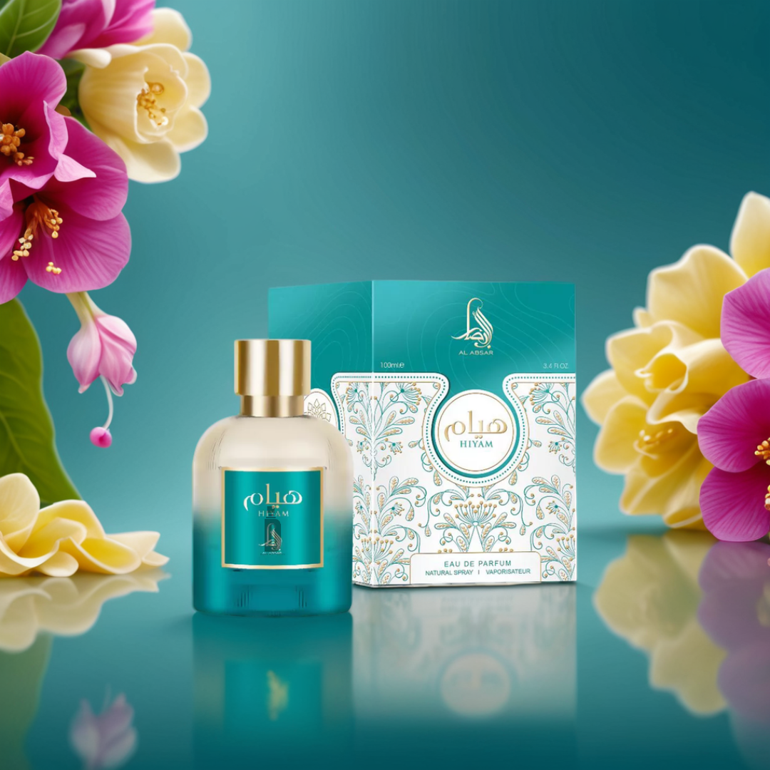 A turquoise Hiyam 100ml EDP - Al Absar bottle with gold accents stands beside an ornate Al Absar box on a glossy surface, surrounded by colorful flowers against a teal background, embodying the luxury of this floral perfume.