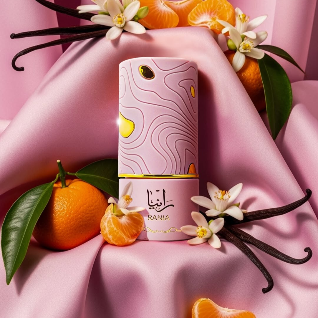 The Rania 100ml EDP by Al Absar features a pink bottle with gold accents and abstract patterns, displayed on pink satin with tangerines, vanilla pods, green leaves, and white orange blossoms. Arabic script decorates the design.