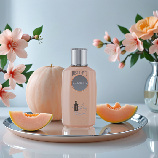 A bottle of Khadlaj Biscotti Melon Misk 100ml EDP rests on a silver tray with melon slices, set before a pale melon and pink flowers against a soft blue background.