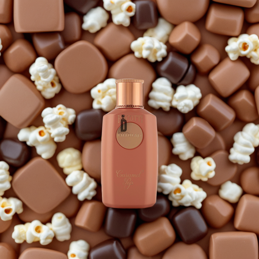 A bottle of Khadlaj Biscotti Caramel Pop 100ml EDP rests atop assorted milk and dark chocolates with popcorn, offering a dreamy, chocolate-inspired gourmand fragrance for every scent lover.