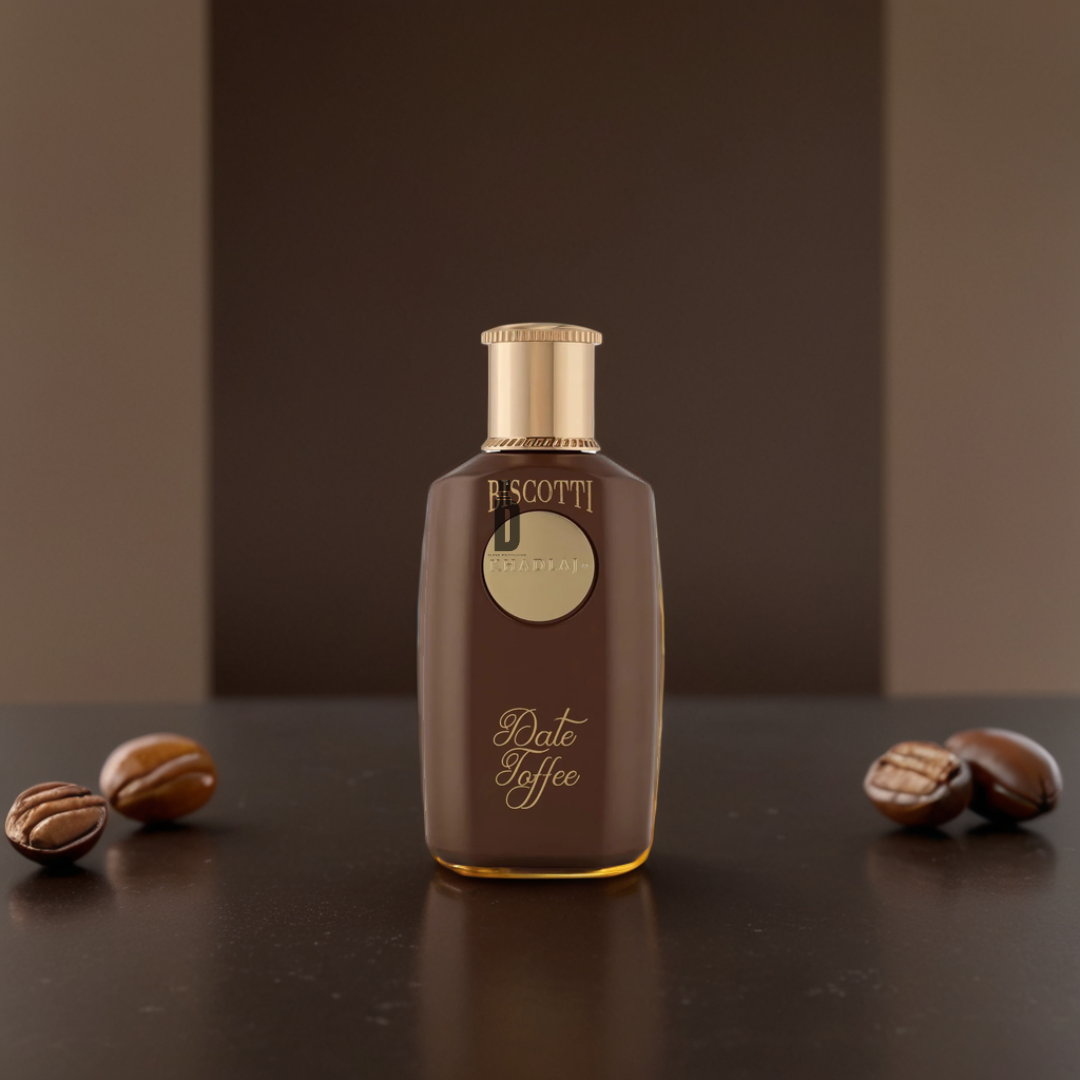 A bottle of Khadlaj Biscotti Date Toffee 100ml EDP with a gold cap rests on a dark surface amid coffee beans against a brown background—an inviting gourmand fragrance featuring caramel notes.