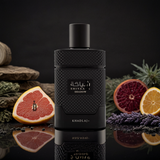 A black bottle of Shiyaaka Shadow 100ml EDP by Khadlaj is shown on a reflective surface with grapefruit, blood orange slices, lavender, and greenery—evoking this refined fragrance’s cashmere wood notes.