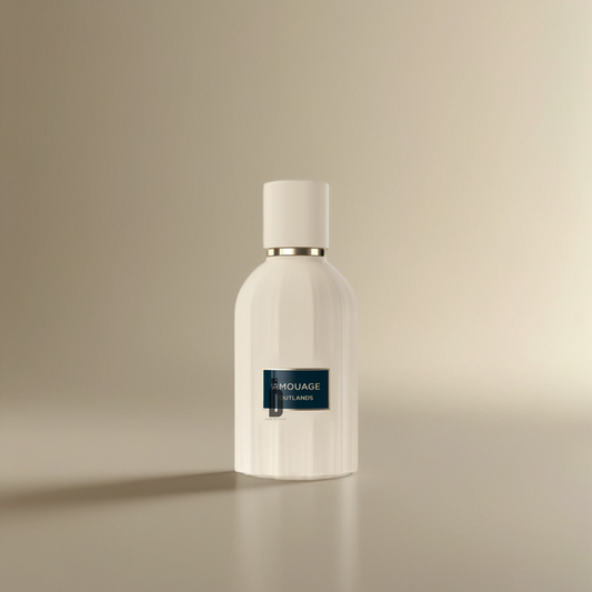 A white, elegant perfume bottle with a gold band and a dark label reading "Outlands 100ml EDP - Amouage" by Dune Perfumes, set against a softly lit neutral background.