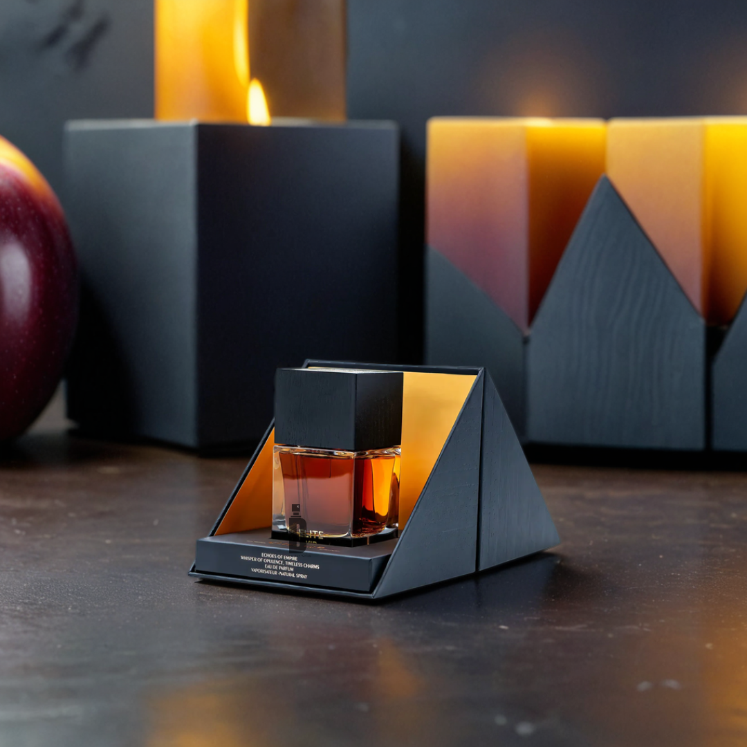 The Elite VIP 100ml EDP by Aurora Scents features amber liquid in a black, triangular bottle, displayed with candles and an apple for a warm, sophisticated atmosphere.