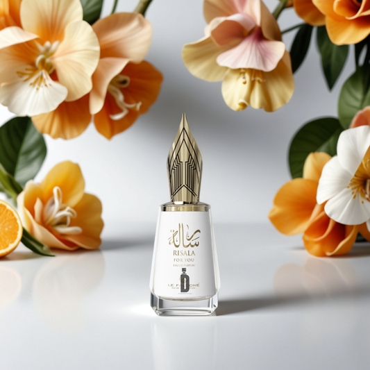 The Risala For You 100ml EDP by Le Falconé perfume bottle, adorned with gold accents and Arabic script, stands among orange blooms, white flowers, green leaves, and an orange slice, evoking its elegant fragrance on a light background.