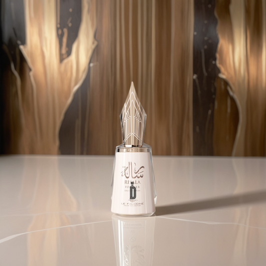 Risala Forever 100ml EDP by Le Falconé features a white and silver bottle with Arabic and English text, topped with a geometric cap—ideal for lovers of sweet, bakery-inspired fragrances.