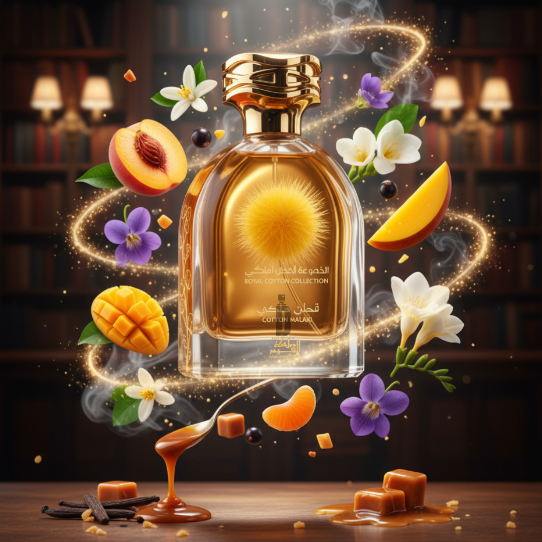Cotton Malaki 100ml EDP by Mamlakat Al Oud: a luxurious fragrance with notes of mango, peach, caramel, vanilla, and white flowers, presented in an elegant bottle with golden accents—perfect for lovers of soft, sophisticated scents.