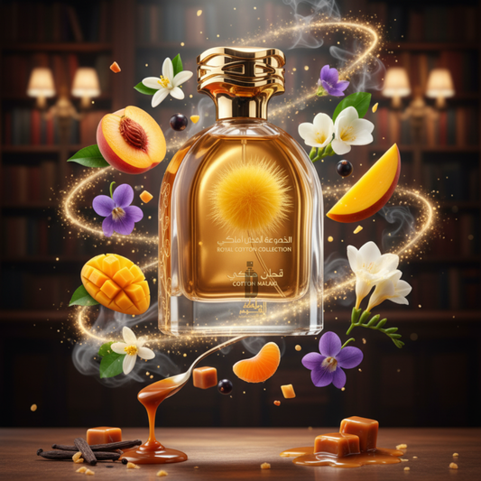 Cotton Malaki 100ml EDP by Mamlakat Al Oud: a luxurious fragrance with notes of mango, peach, caramel, vanilla, and white flowers, presented in an elegant bottle with golden accents—perfect for lovers of soft, sophisticated scents.