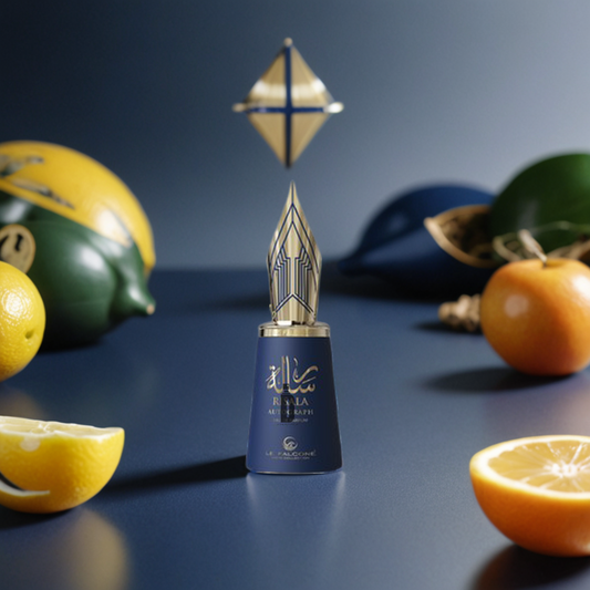 The Le Falconé Risala Autograph 100ml EDP bottle, adorned with gold and blue accents, sits on a blue surface among sliced lemons, tangerines, and abstract fruit art—a bold and sophisticated fragrance from Le Falconé.