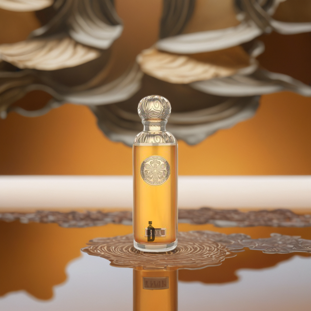 The Sava 200ml EDP by Gissah, a decorative glass bottle with a gold emblem, stands on a patterned surface, evoking the rich essence of Madagascar vanilla and promising long-lasting fragrance against an amber background.
