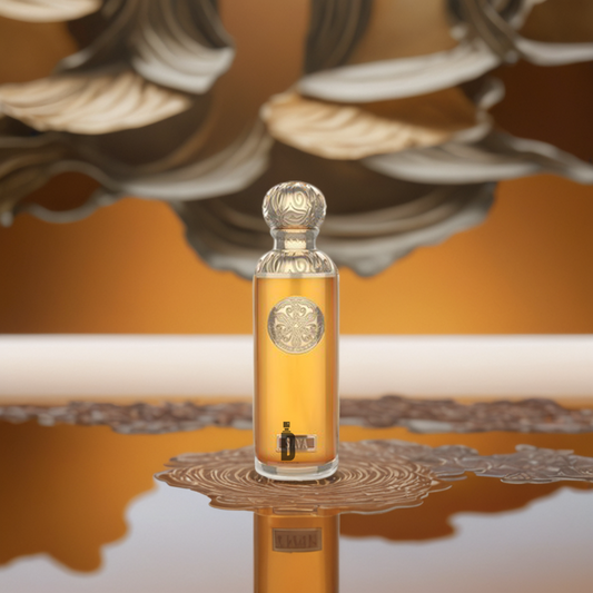 The Sava 200ml EDP by Gissah, a decorative glass bottle with a gold emblem, stands on a patterned surface, evoking the rich essence of Madagascar vanilla and promising long-lasting fragrance against an amber background.
