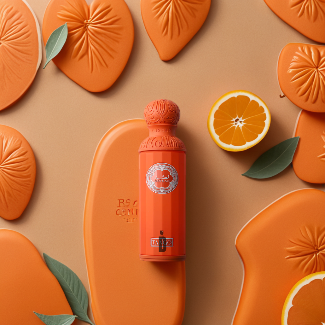 The Tango 200ml EDP by Gissah stands upright on a tan surface, surrounded by orange ceramics, green leaves, and a halved orange, evoking a vibrant gourmand-fruity fragrance.