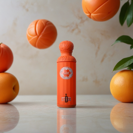A Tango 200ml EDP by Gissah sits on marble among fresh oranges and leaves, with two floating above. Its round cap resembles an orange, suggesting a gourmand-fruity fragrance highlighted by caramel vanilla notes.