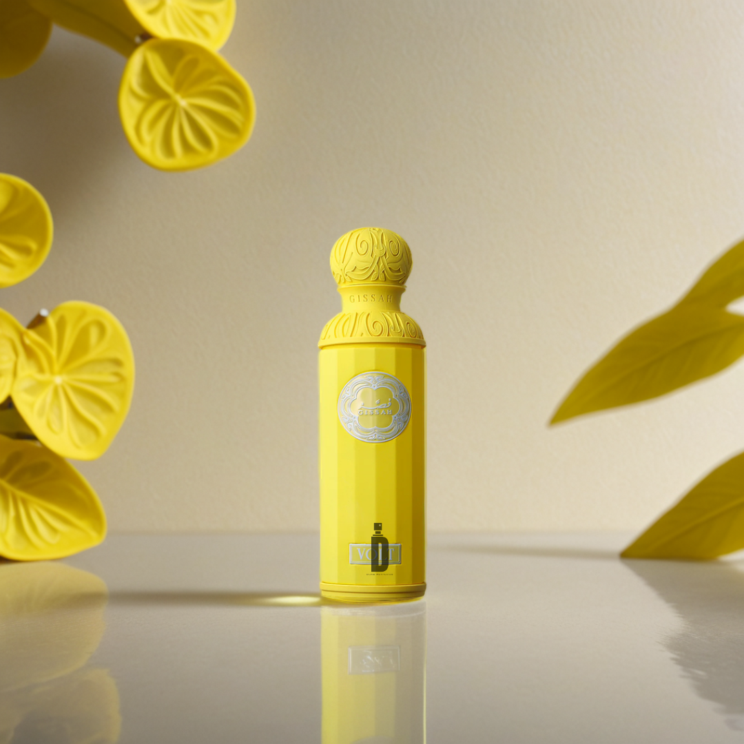 The Gissah Volt 200ml EDP perfume, in a bright yellow bottle with decorative patterns, sits on a glossy surface amid yellow leaves and flowers, capturing its invigorating fragrance against a neutral background.