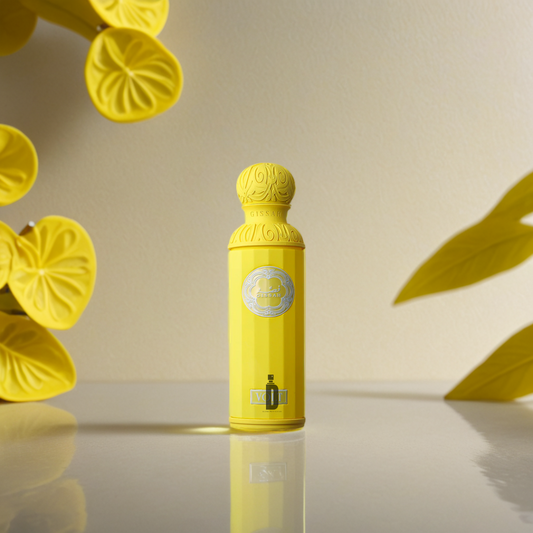The Gissah Volt 200ml EDP perfume, in a bright yellow bottle with decorative patterns, sits on a glossy surface amid yellow leaves and flowers, capturing its invigorating fragrance against a neutral background.