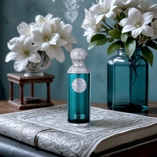 A turquoise Sienna Valley 200ml EDP perfume bottle by Gissah with a silver cap sits on an embossed silver book. In the background, white lilies in a matching turquoise vase evoke sophistication and vintage elegance.