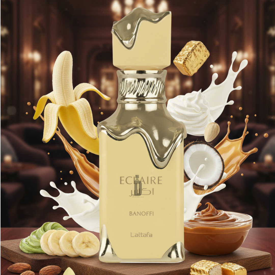 The Eclaire Banoffi 100ml EDP by Lattafa gleams amid swirls of milk, banana, caramel, coconut, pistachios, almonds, and gold-wrapped candy—capturing the opulent charm of this gourmand fragrance in a sophisticated setting.