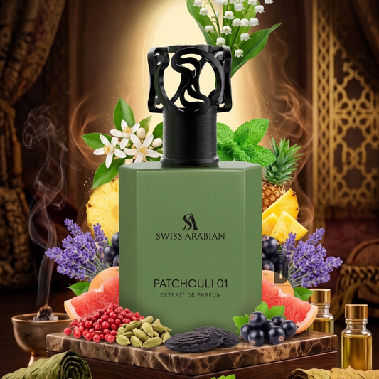 The Swiss Arabian Patchouli 01 50ml Extrait De Parfum bottle rests amid lavender, grapefruit, pineapple, peppercorns, vanilla, and cardamom—capturing a modern patchouli scent in an elegant setting with lush greenery.
