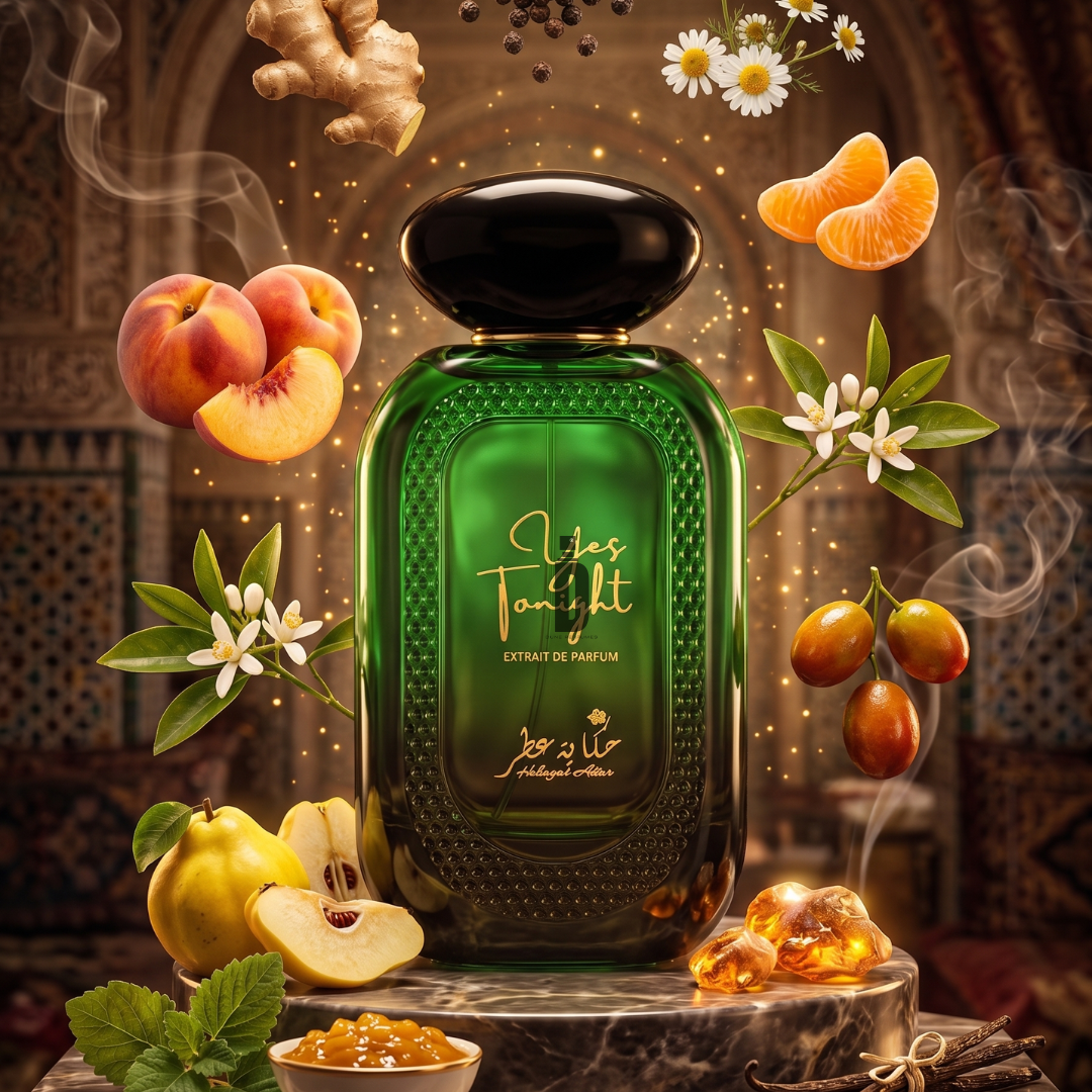A green bottle of Yes Tonight 100ml Extrait De Parfum by Hekayat Attar sits on a pedestal, surrounded by floating peaches, quince, and ginger—reflecting a bold, modern scent with spicy citrus notes against a luxurious backdrop.