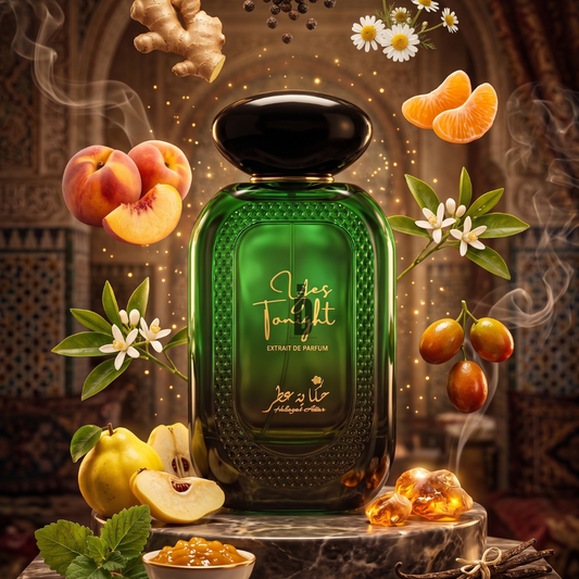 A green bottle of Yes Tonight 100ml Extrait De Parfum by Hekayat Attar sits on a pedestal, surrounded by floating peaches, quince, and ginger—reflecting a bold, modern scent with spicy citrus notes against a luxurious backdrop.