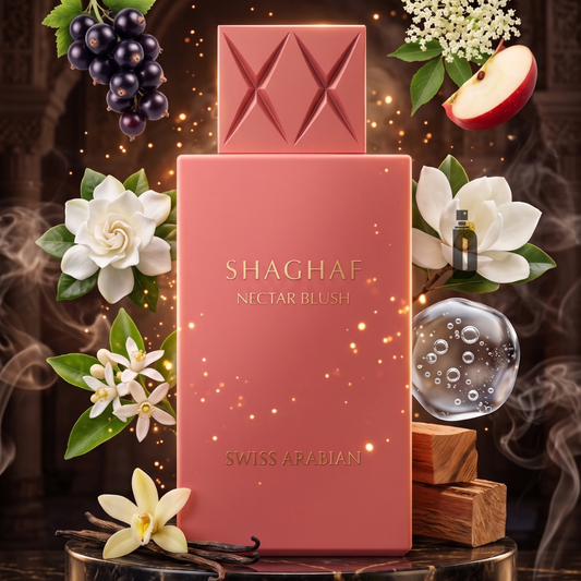 A pink Shaghaf Nectar Blush 100ml EDP by Swiss Arabian stands amidst white flowers, apple slices, wood, vanilla, and blackcurrants with a glass orb on a dark, elegant background with golden sparkles, capturing its fruity-floral essence.