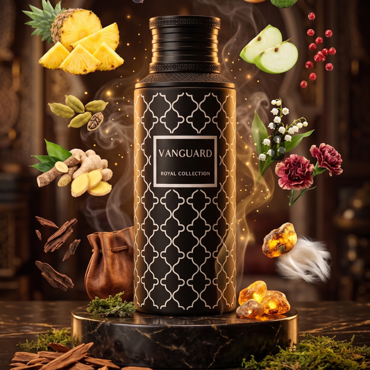 A luxurious bottle of Vanguard 100ml EDP by Gulf Orchid stands on a marble pedestal, accented by floating ingredients, capturing the modern, masculine woody essence of Maison Asrar’s signature fragrance.