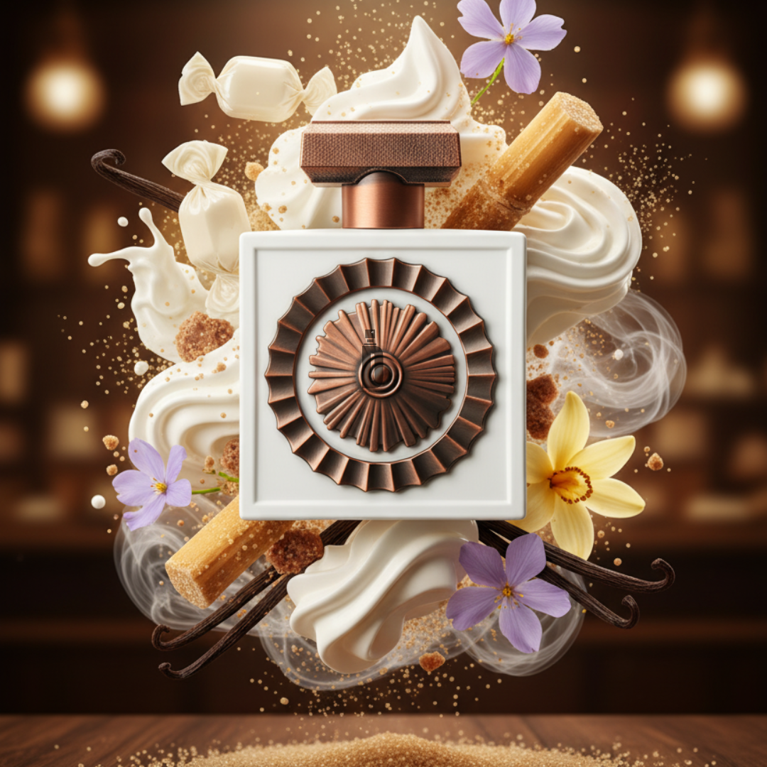 Nebras Elixir 100ml EDP by Lattafa features a copper-capped bottle surrounded by whipped cream, caramel, vanilla, cinnamon, sugar, and purple and yellow flowers, embodying its rich gourmand fragrance.