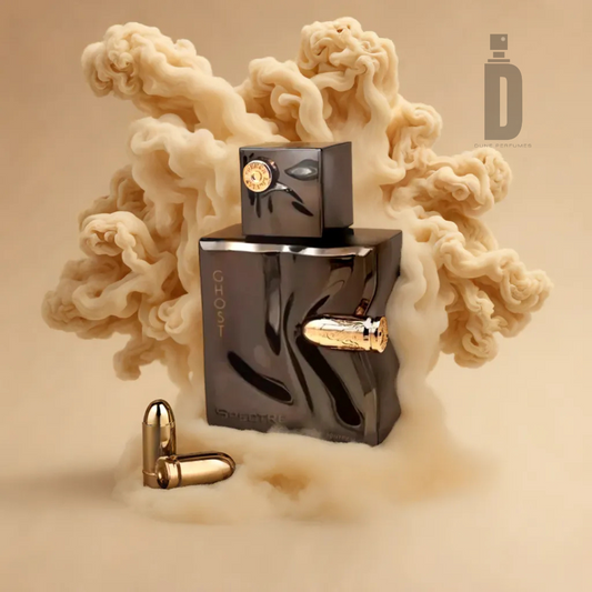 An elegant black bottle of Spectre Ghost 80ml EDP by Fragrance World, featuring a gold cap and bullet-shaped design elements, is set against a backdrop of swirling beige smoke. The name "Spectre Ghost" is beautifully inscribed on the bottle, suggesting the mysterious fragrance inside.