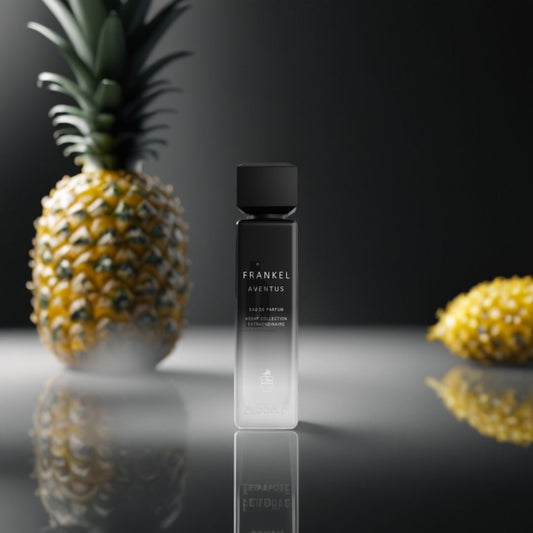 A 200ml bottle of Assaf Frankel Aventus EDP stands upright on a reflective surface, with a whole pineapple and a sliced piece in the background, softly illuminated.