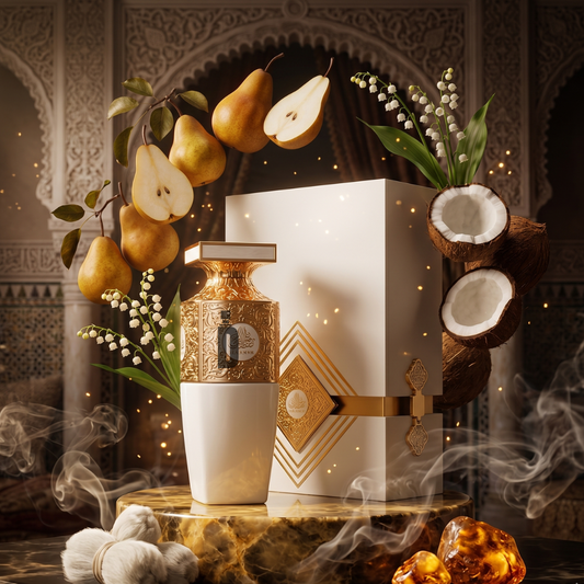The Madawi White Edition 100ml EDP by Arabian Oud features an ornate gold-detailed bottle beside a white box, surrounded by pears, coconut, lily of the valley, amber, and cotton against an opulent arched backdrop with mist.