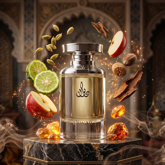The Diwan 100ml EDP by Arabian Oud stands on a pedestal amid mist, surrounded by apple, cardamom, wood, nutmeg, bergamot, and amber—a luxurious men's fragrance inspired by Arabian Oud with an ornate arched backdrop.