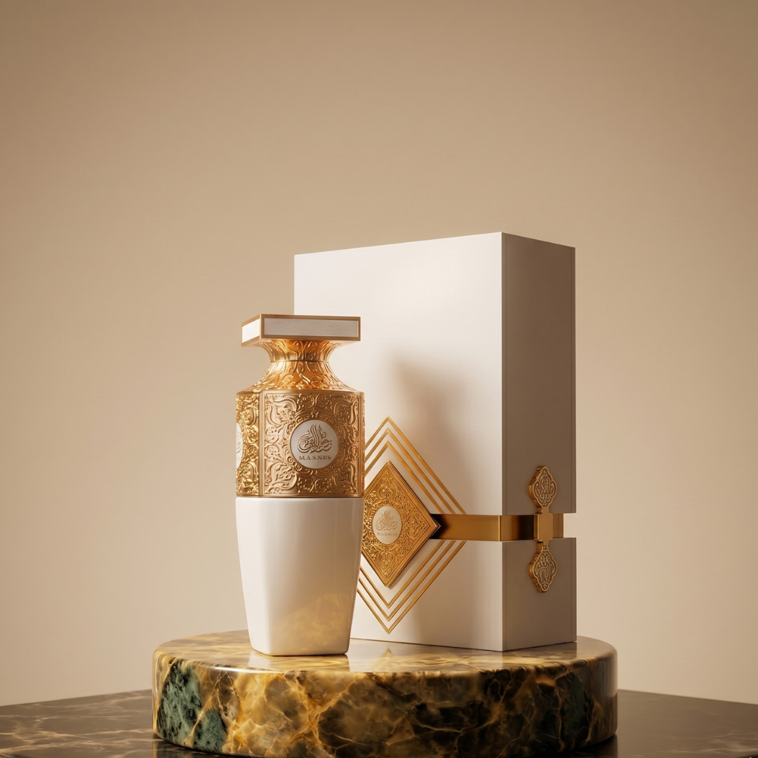 The Madawi White Edition 100ml EDP by Arabian Oud features a luxurious bottle with gold detailing beside a matching white and gold box on marble—a refined display of Arabian Oud’s signature craftsmanship.