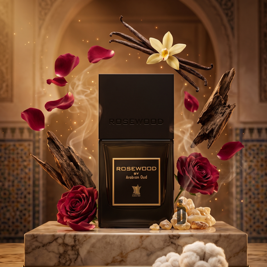 A bottle of Rosewood 100ml EDP by Arabian Oud sits on marble, surrounded by rose petals, vanilla flower, Cambodian oud wood, red roses, and amber resin with an ornate, softly lit background—a true floral-oud fragrance experience.