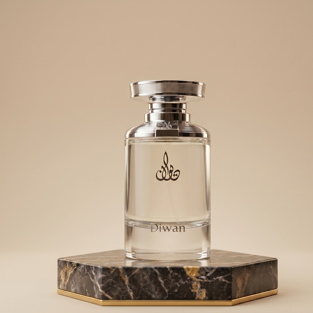The Diwan 100ml EDP by Arabian Oud, a clear glass perfume bottle with metallic accents, rests on a hexagonal black marble platform against a beige background, embodying luxury and the essence of Arabian Oud for men.