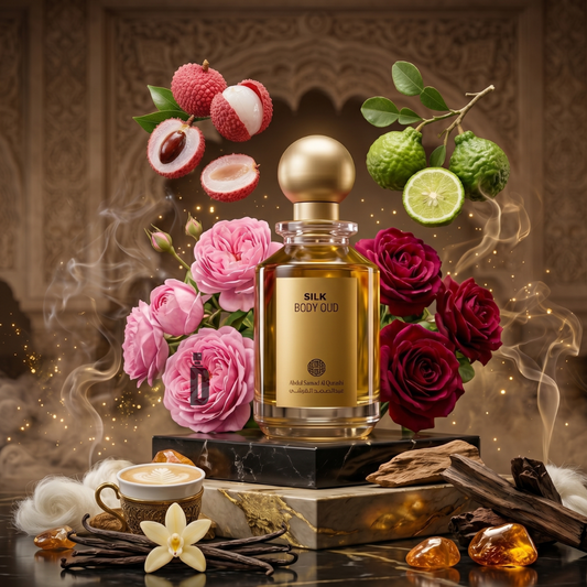 Silk Body Oud 100ml EDP by Abdul Samad Al Qurashi blends roses, lychee, bergamot, vanilla, spices, amber, and cappuccino notes in an opulent Middle Eastern-inspired fragrance.
