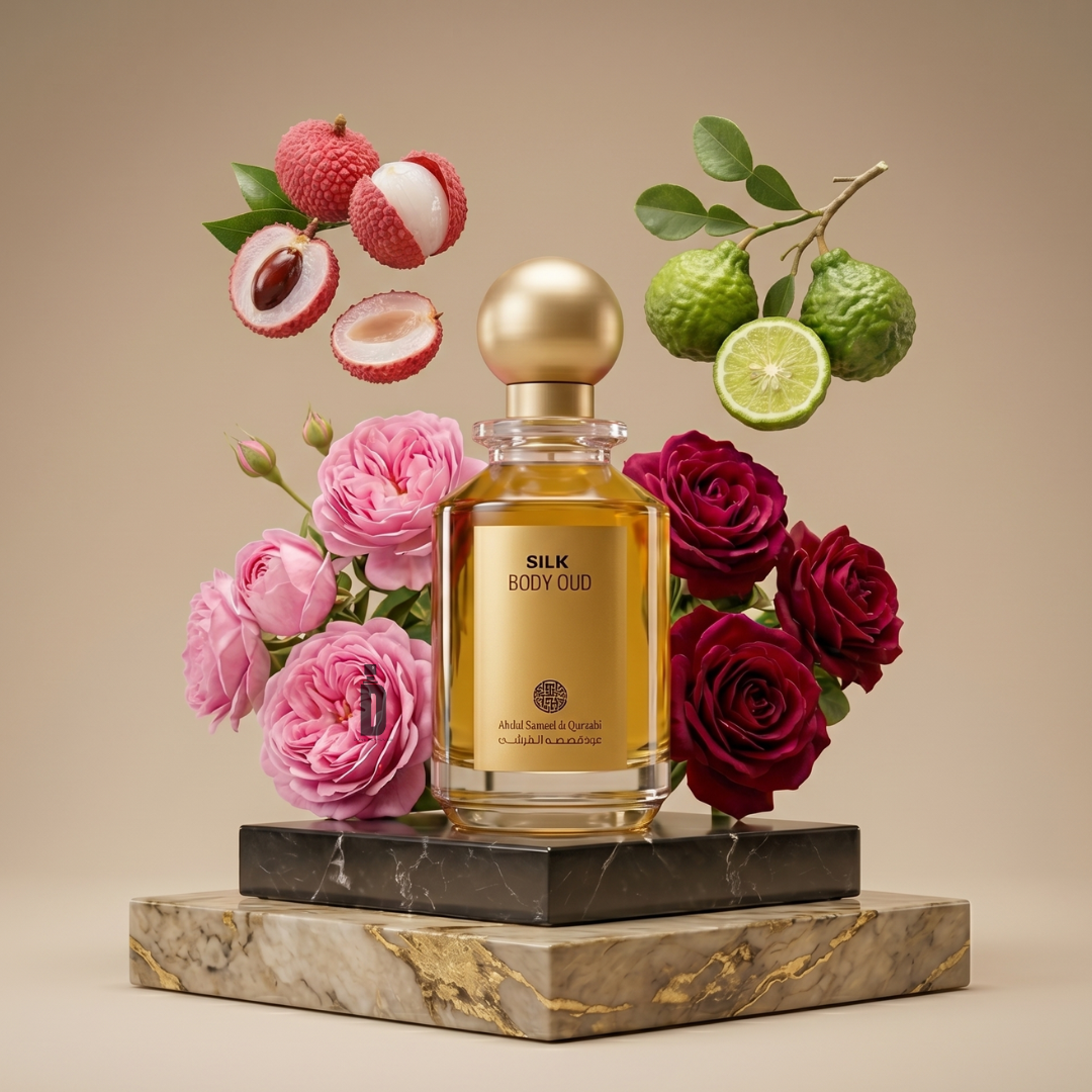 Silk Body Oud 100ml EDP by Abdul Samad Al Qurashi is showcased on marble with pink and red roses, lychee, and green citrus accents, all set against a beige background.